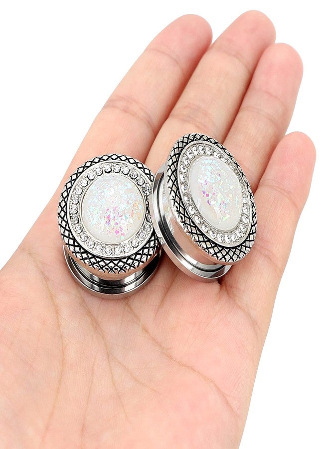 Qmcandy 2pcs 00g Stainless Steel White Opal Screw Ear Plugs Gauges Piercing - Image 3